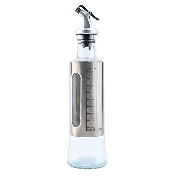 JVBTVB Stainless Steel Oil Dispenser with Glass Bottle & Auto Pour Spout, Kitchen Oil Cruet with Measurement Scale for Cooking Oil & Vinegar, Leak-Proof Press Type, 3 Sizes (200/300/500ml)
