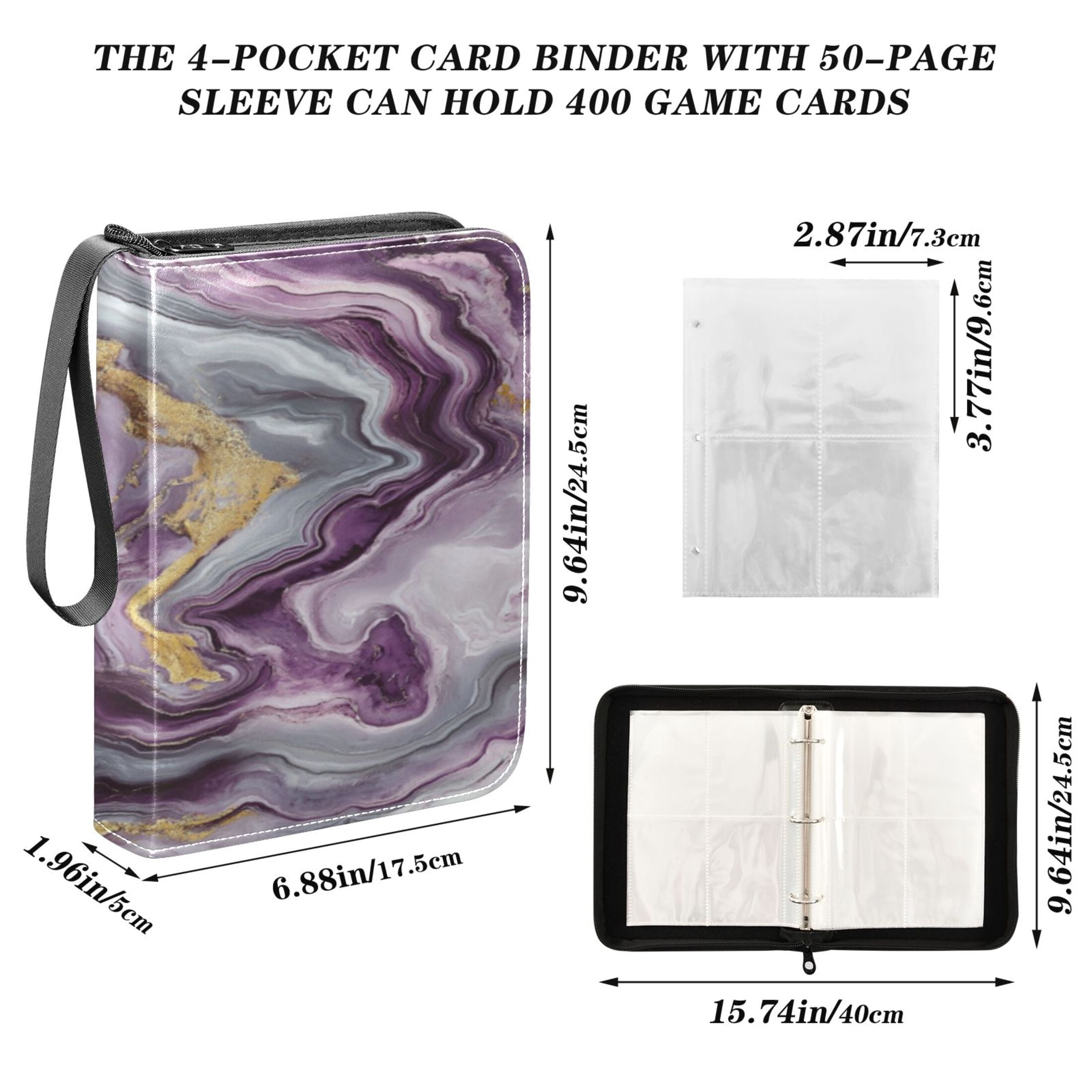 Game Card Storage Bag Collectible Trading Card Albums The 4-Pocket Card Binder With 50-Page Sleeve Can Hold 400 Game Cards Purple Marble
