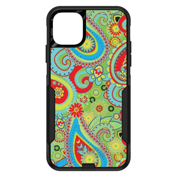 DistinctInk OtterBox Commuter Custom Case for Apple iPhone 15 (6.1" Screen) - Green Red Blue Paisley - Raised Bezel Screen Guard