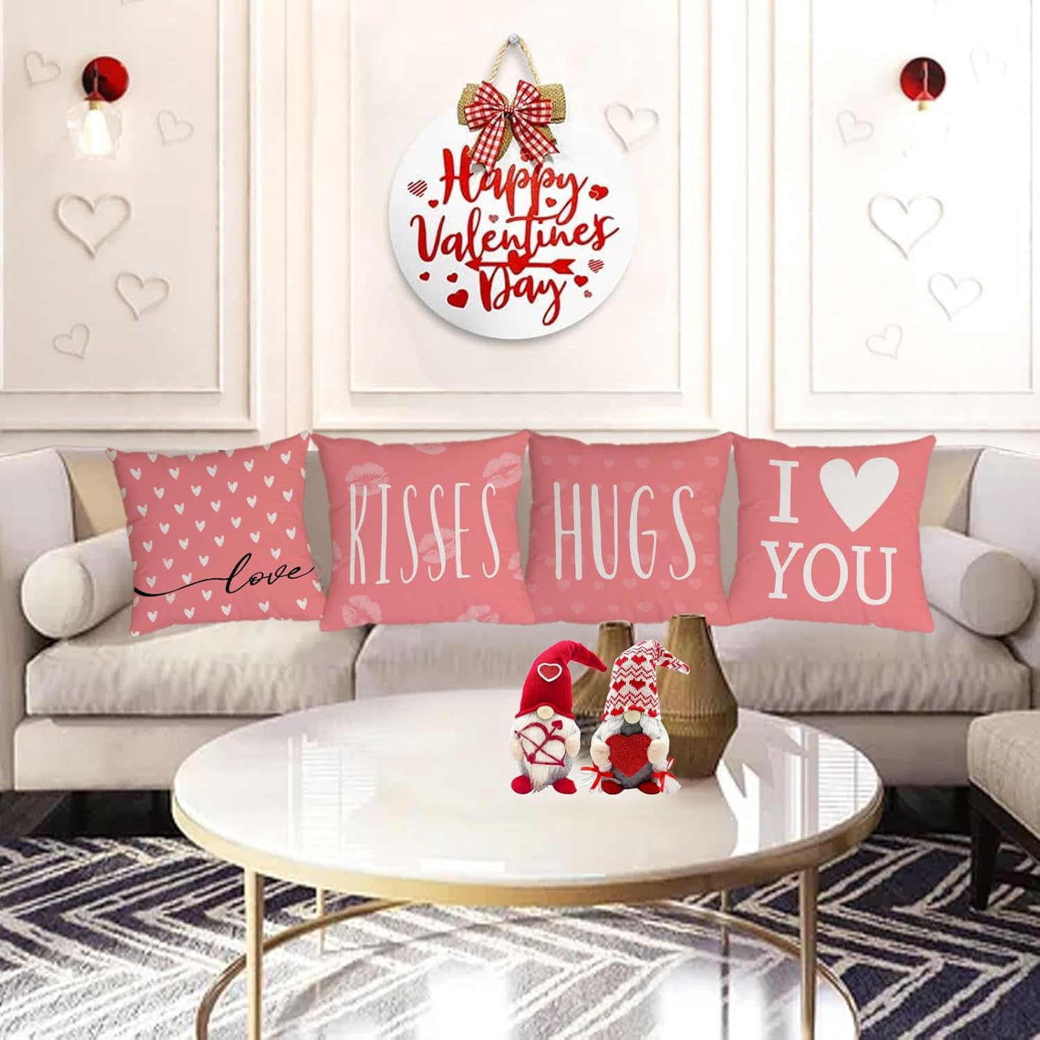 Happy Valentines Day Pillow Covers 22x22 Set of 4 Pink Love You Heart Velvet Throw Pillow Covers Wedding Anniversary Be Mine Pillow Cases Cushion Covers for Outdoor Couch Sofa Decoration(22 Inch)