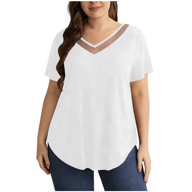 StSilkitty Summer Casual T-Shirts for Womens Plus Size Short Sleeve V Neck Shirts Solid Color Lightweight Soft Tops