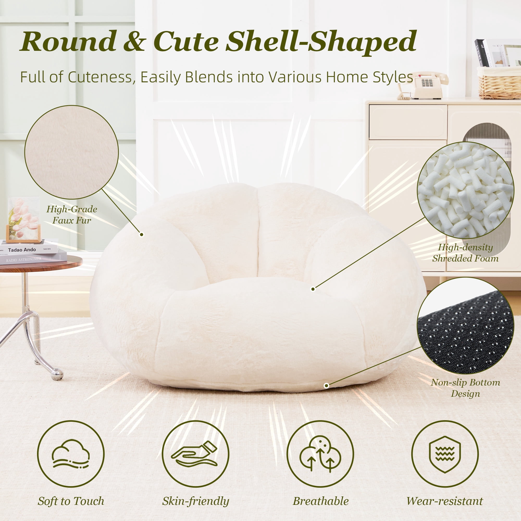 MOONMISS Bean Bag Chair for Adults & Teen,Floral Shaped Memory Foam Deep Sink-in Breathable Faux Fur Bean Bag Sofa,Easy to Clean for Living Room & Dorm,Beige