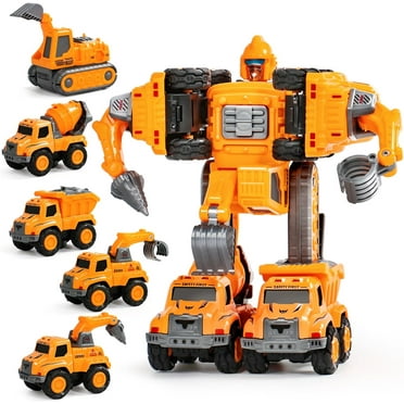 Style-Carry Toddler Construction Vehicles Car Toy Set, 5 in 1 Transforming Robot for Kids, Building STEM Toys Gift for 3 4 5 6 Year Old Boys Girls