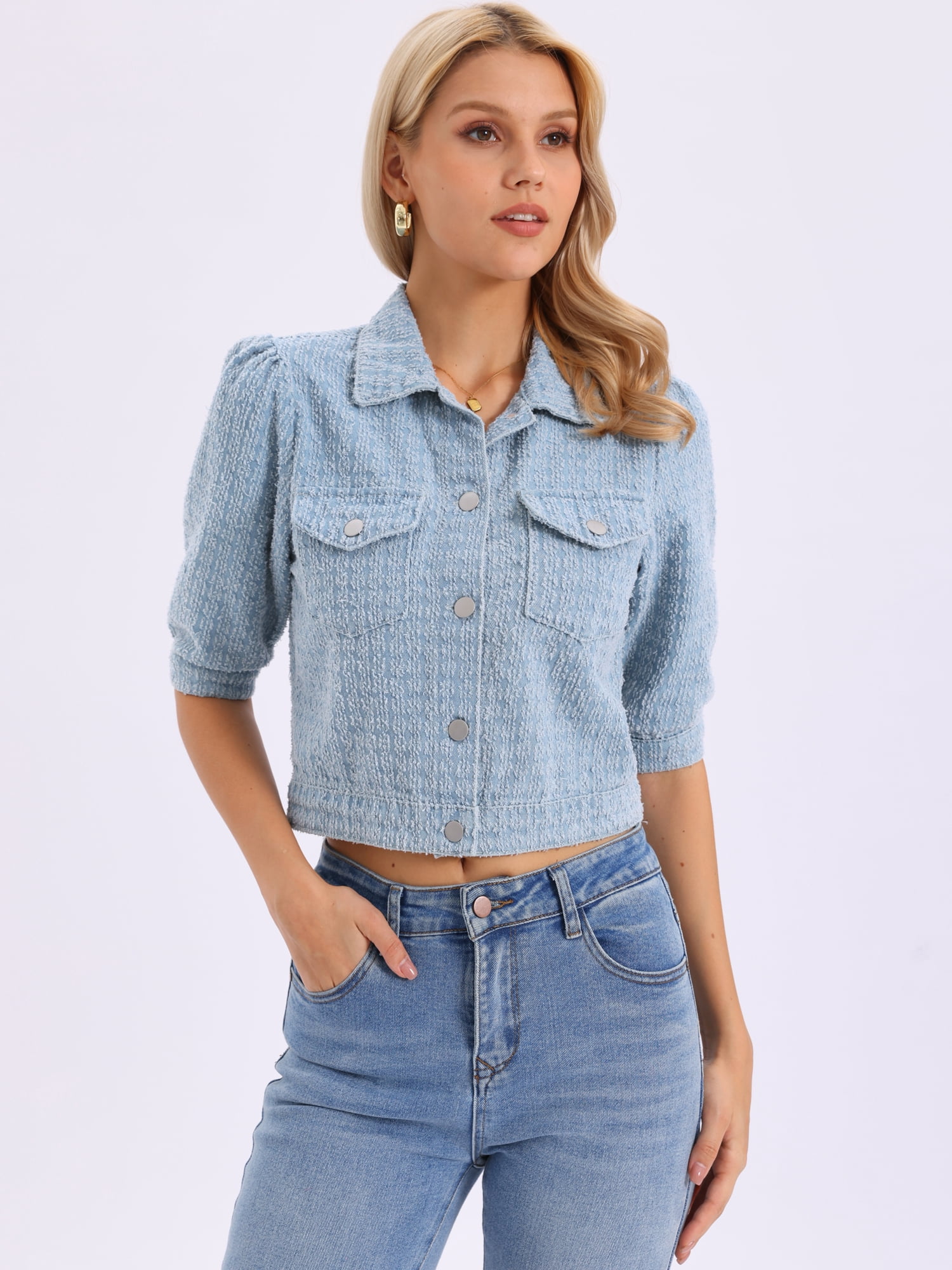 DARING DIVA Women's Short Sleeve Button Down Textured Cropped Jean Jacket XL Light Blue