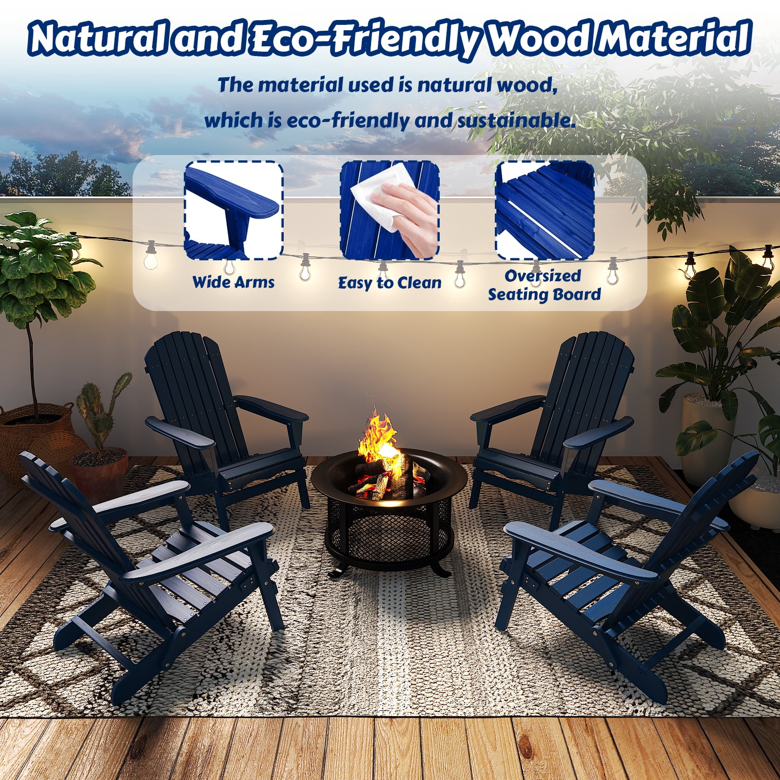 Ktaxon 1 Pack Patio Wood Adirondack Chair, Garden Chaise Chair Outdoor Folding Chair, Wooden Chair for Patio, Garden, Navy Blue