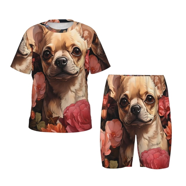 Fotbe Vintage Red Flower Chihuahua Pijama Estampada de 2 Piezas para Niños – Ropa de Dormir de Manga Corta Cómoda para Niños y Niñas, Camiseta y Shorts de Algodón-Medium
