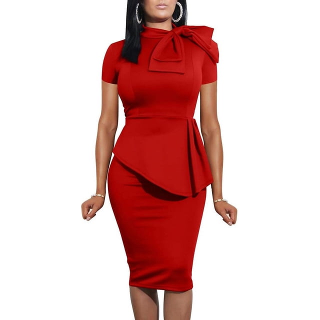 HAHDAXIA Femmes Mode Peplum Bodycon Manches Courtes Arc Club Volants Crayon Robe de Soirée