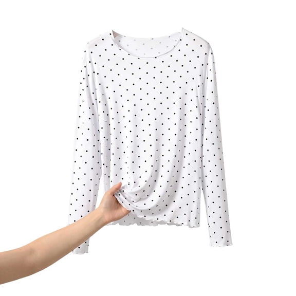 QSAWXQZ Women's Modal Printed Pajama Top Crew Neck Polka Dots Long Sleeves Reffle Hem Relaxed Sleep Tee Lounge Top for Summer 4XL