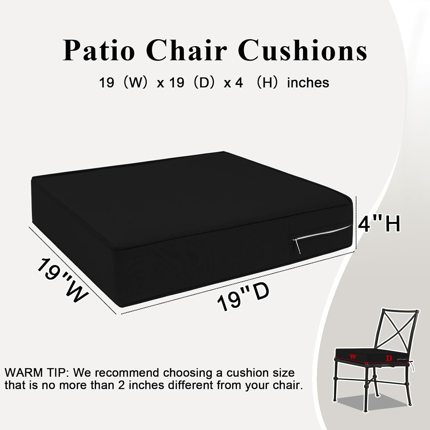 Outdoor Chair Cushions 19x19x4 Inch, Waterproof Black Patio Furniture Cushions Set of 2 with Ties & Handle, 3 Year Color Fastness Square Replacement Seat Cushions for Sofa, Couch