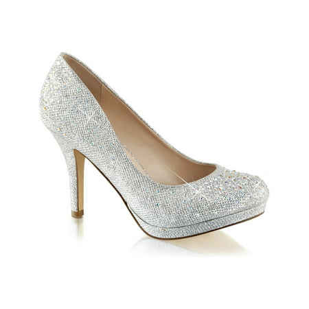 Womens Silver Rhinestone Shoes Glitter Pumps Sparkly High Heels 3 1/2 Inch Heel