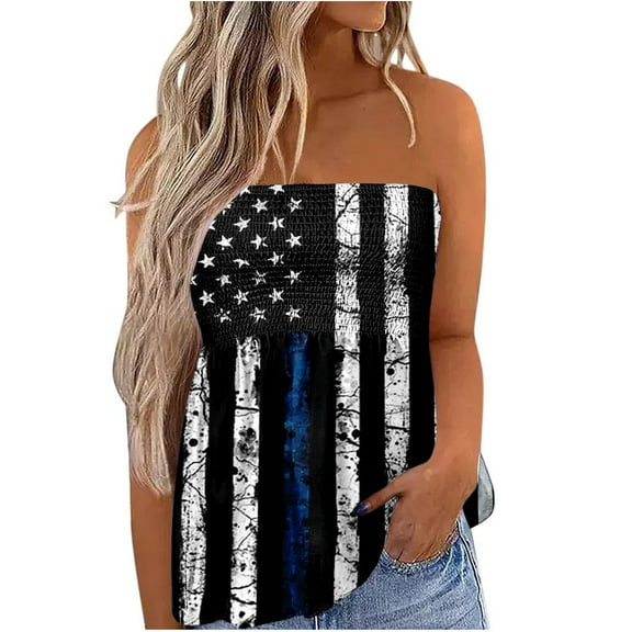 Dyegold Summer Tops for Women 2023 Trendy, Tube Tops Women Casual Summer American Flag 4th July Shirts Off Shoulder Bandeau Sleeveless Smocked Strapless ​Tanks