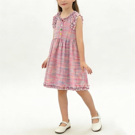 CIAKGIAF Girls Dress Summer Plaid Button Casual Round Neck Comfortable Sleeveless Dresses Pink for 2-3 Years