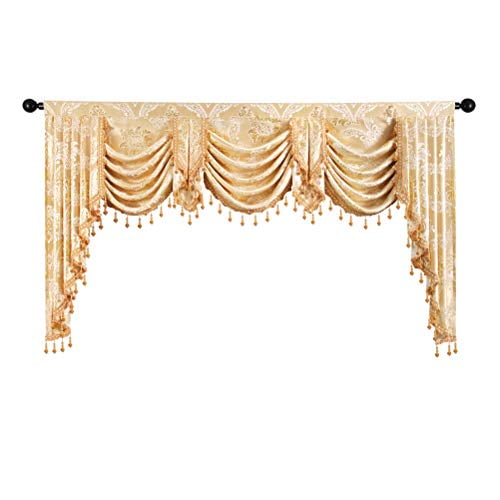 Elkca Golden Jacquard Swag Waterfall Valance Luxury Curtain For Living Room Rod Pocket Damask W79 Inch 1 Panel Com Elkca Golden Jacquard Swag Waterfall, How To Hang Waterfall Valance Curtains In Living Room