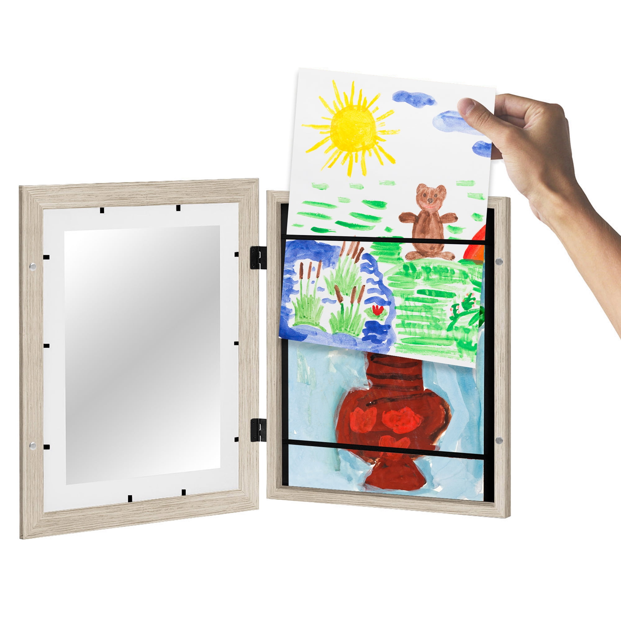 Americanflat 10x12.5 Kids Art Frame with 8.5x11 Mat Holds 100 Art Pieces Magnetic Letter Size Display - Driftwood