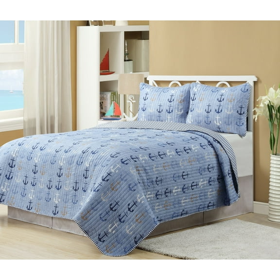 Harper Lane Blue Anchor Microfiber Quilt Set - Reversible (3-Piece)