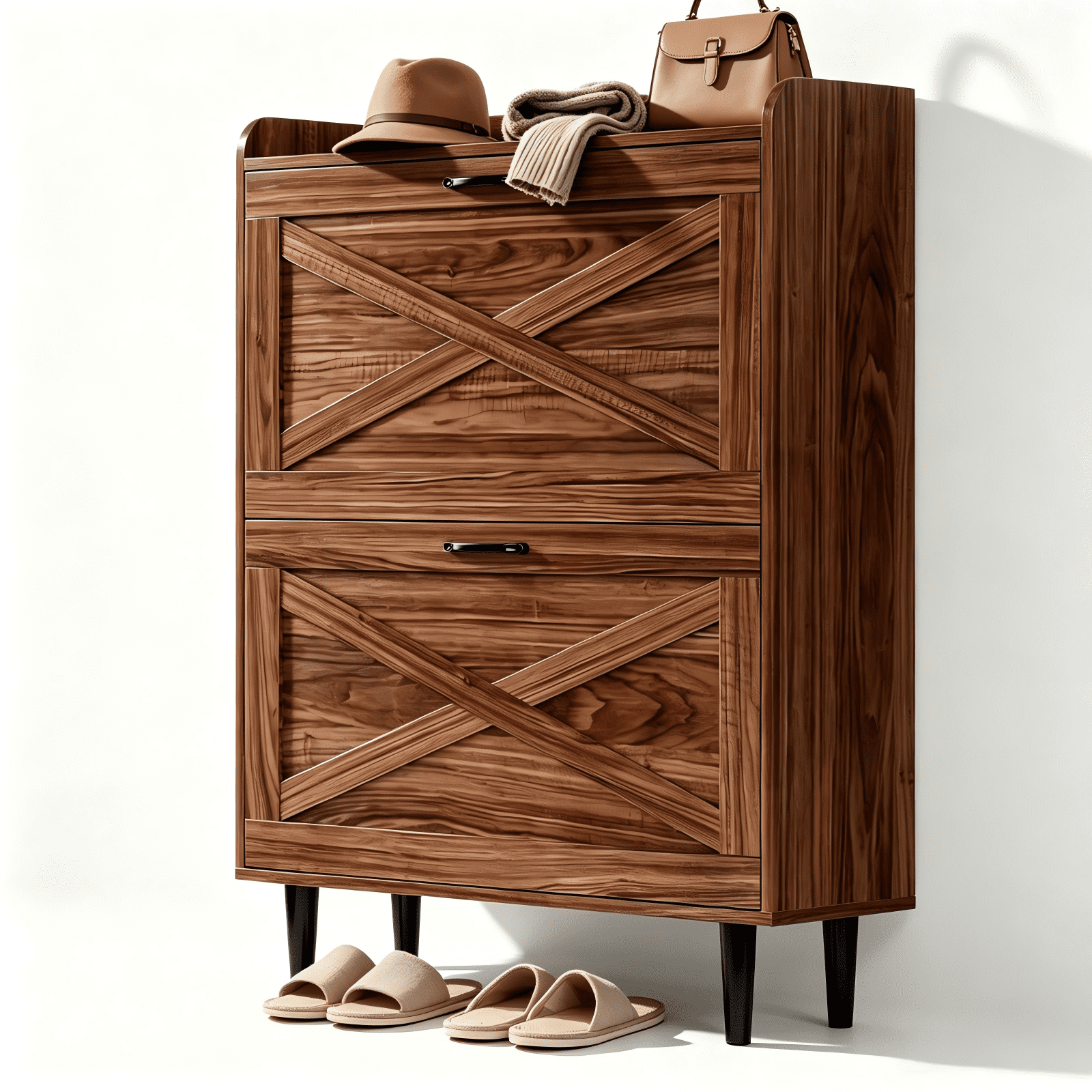 2-Drawer Top Enclosure Barn Door Shoe Cabinet Melamine Board Embossed MDF Shoe Cabinet, 31.61*9.45*39.37in, Walnut