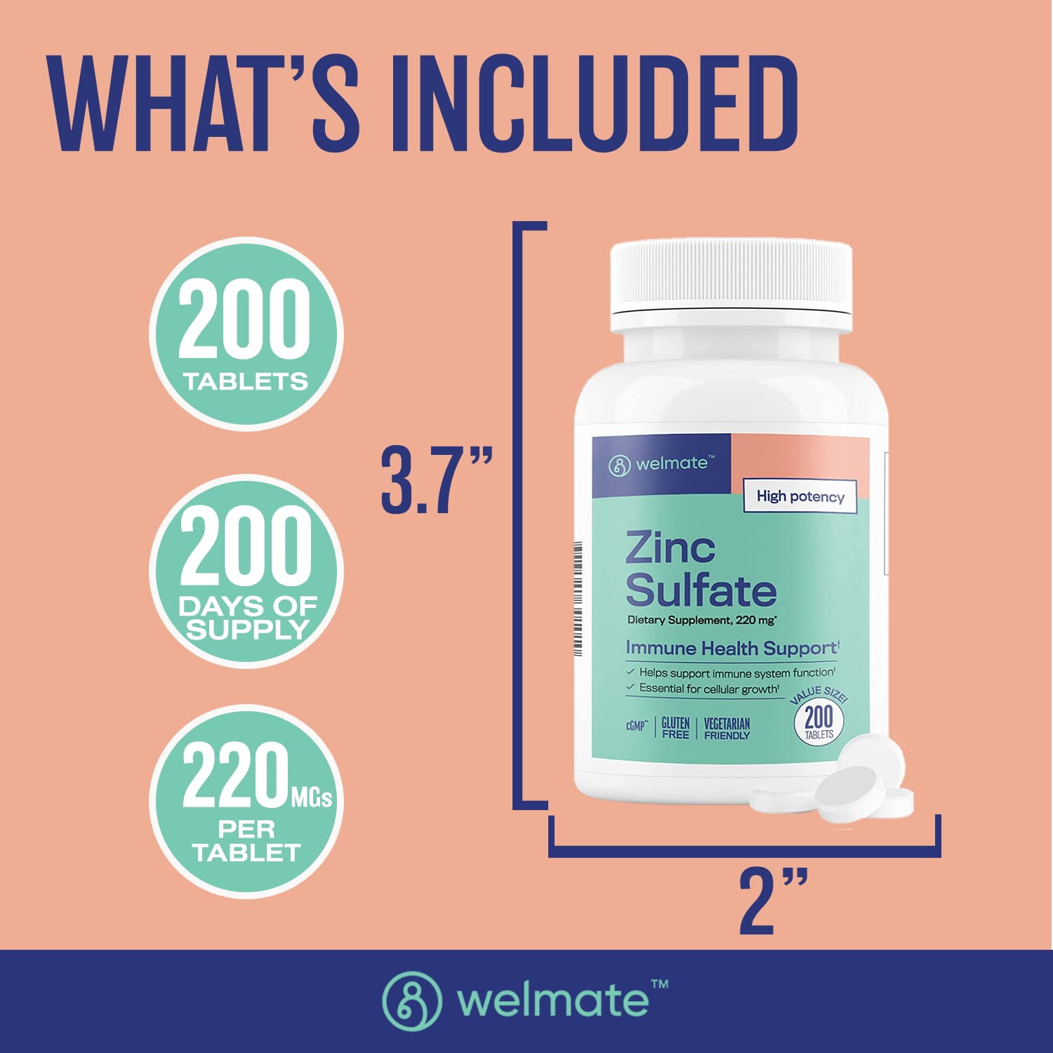 (2 pack) WELMATE Dietary Supplement, Zinc(as Zinc Sulfate) 50mg Immune Health Support - 200 Tablets