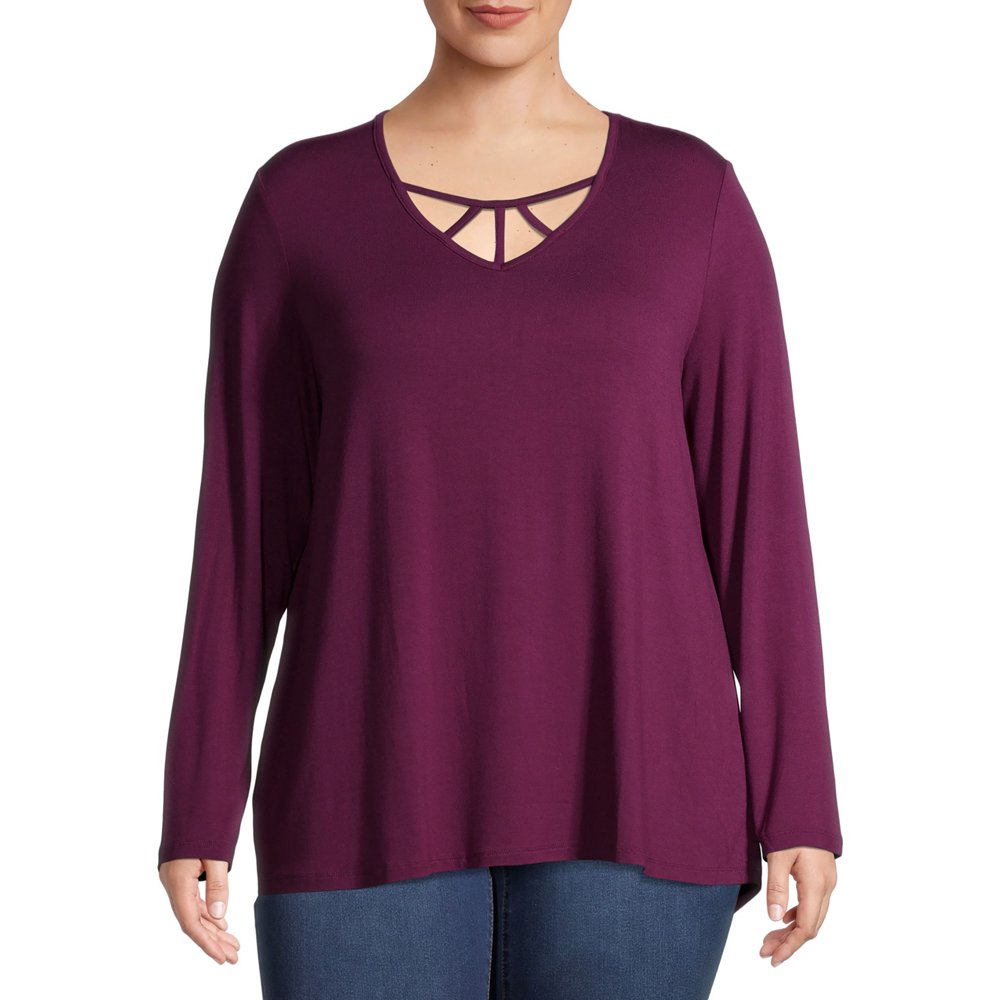 Terra & Sky - Terra & Sky Women's Plus Size Long Sleeve Cage Neck Tee ...