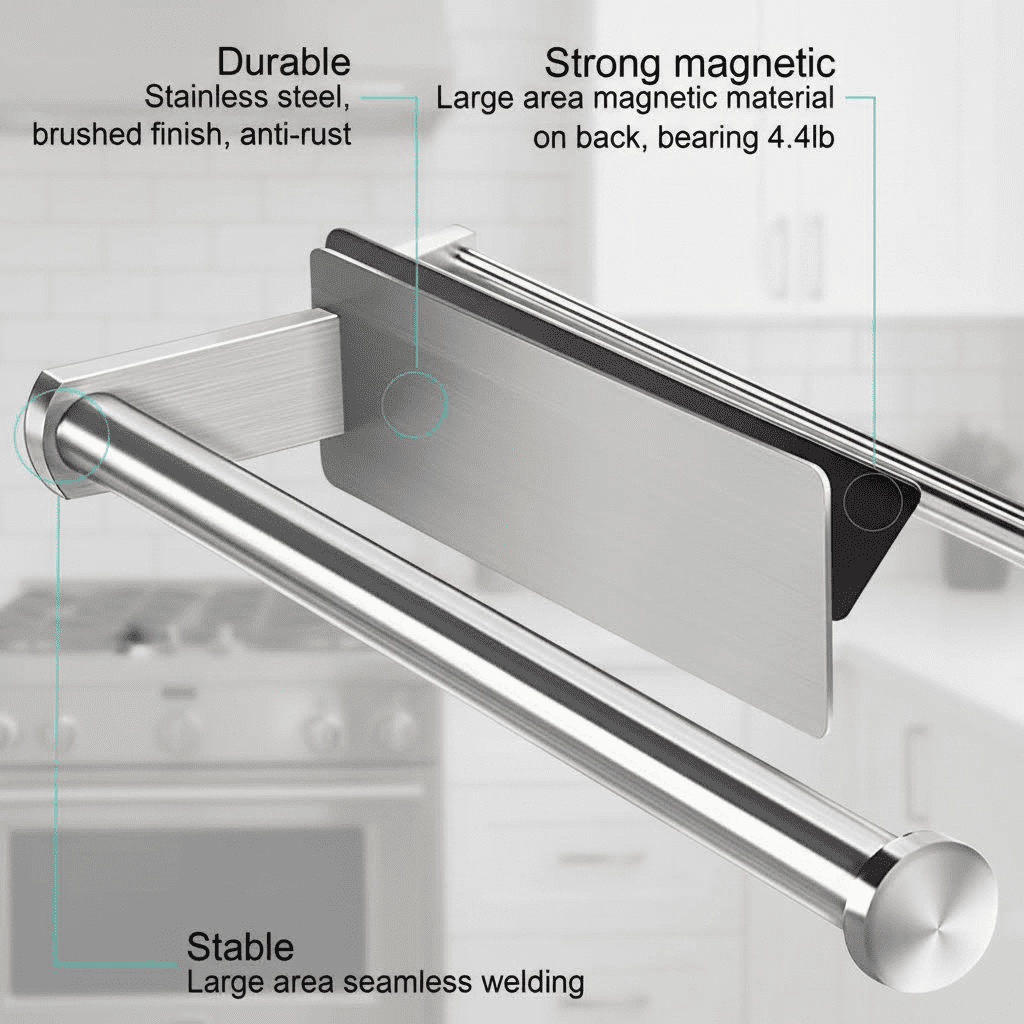 Magnetic Paper Towel Holder with Strong Backing for Large Rolls, Brushed Steel Design for Kitchen, Refrigerator, Grill, Toolbox, Garage, and Workshop Use