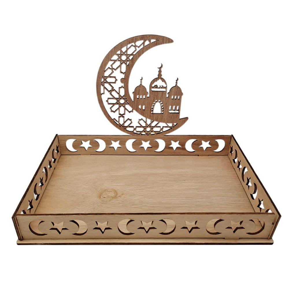 Muslim Wooden Eid Mubarak Dessert Pastry Serving Tray Ramadan Decor Ornament 