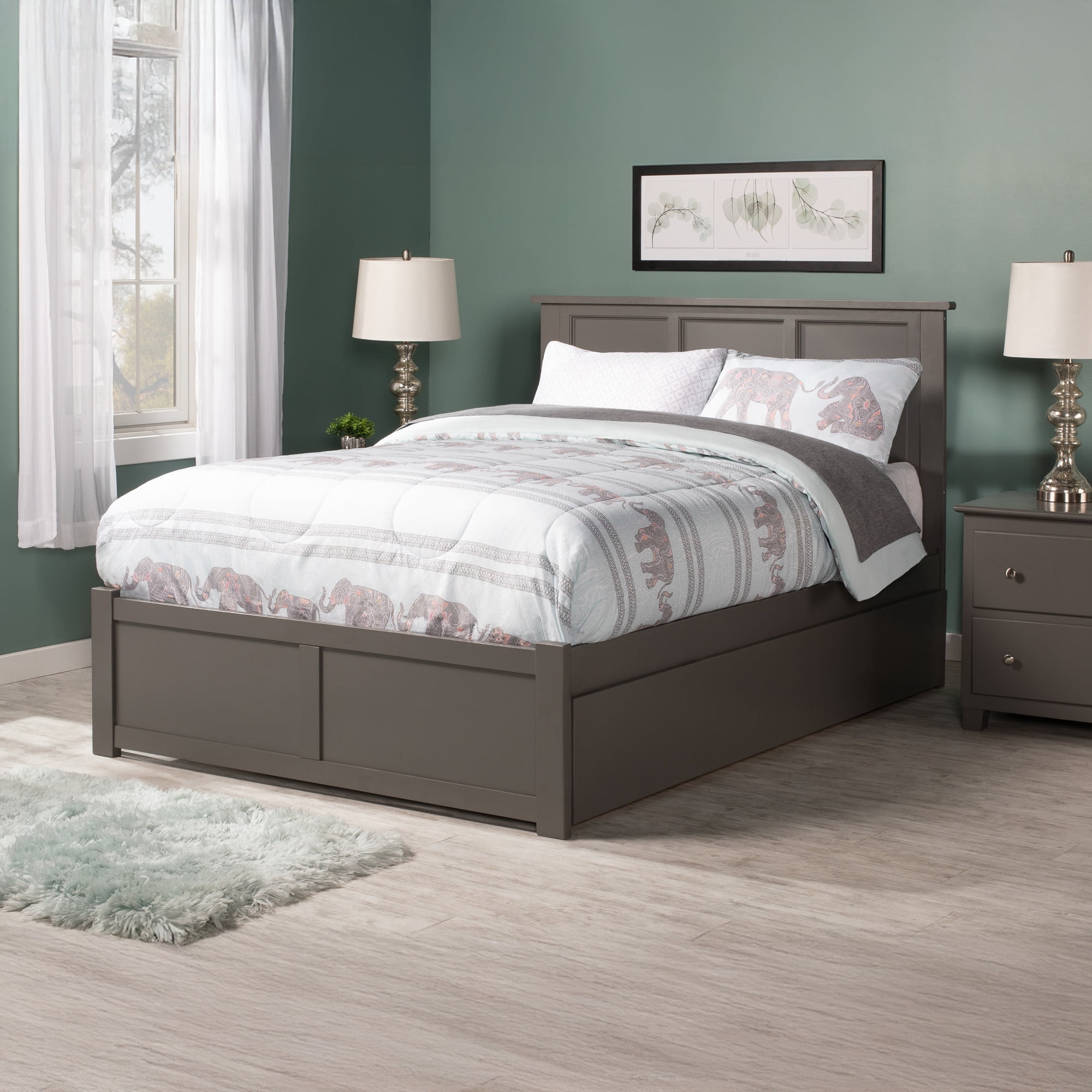 AFI Madison Full Solid Wood Platform Bed with Footboard & Twin Trundle, Grey