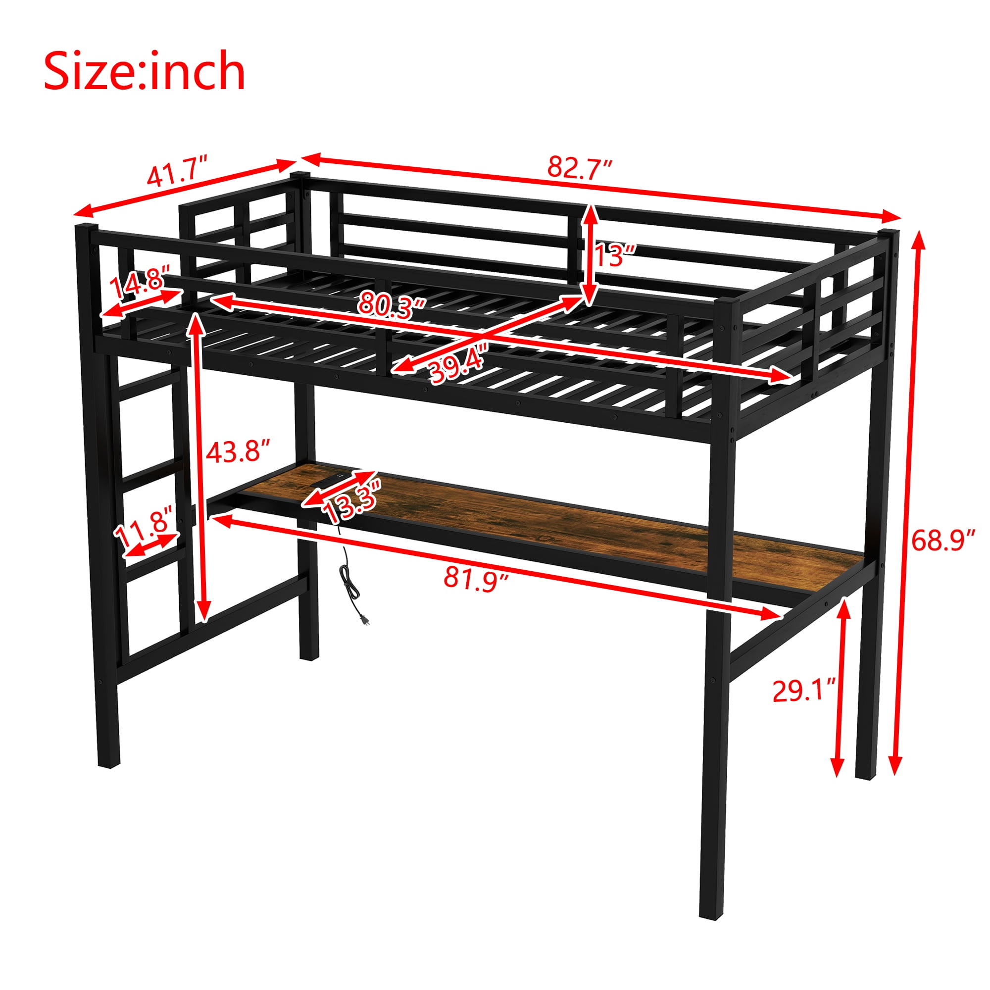 Leumius Twin XL Size Loft Bed,Metal Bed Frame with Power Outlet and LED Lighted,Space-Saving, Noise Reduced, Black