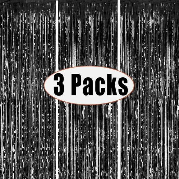 3 Pack Black Tinsel Foil Fringe Curtains Backdrop, 3.3 ft x 6.6 ft Foil Fringe Curtains Decorations, Photo Background Party Decorations, Graduation Decorations