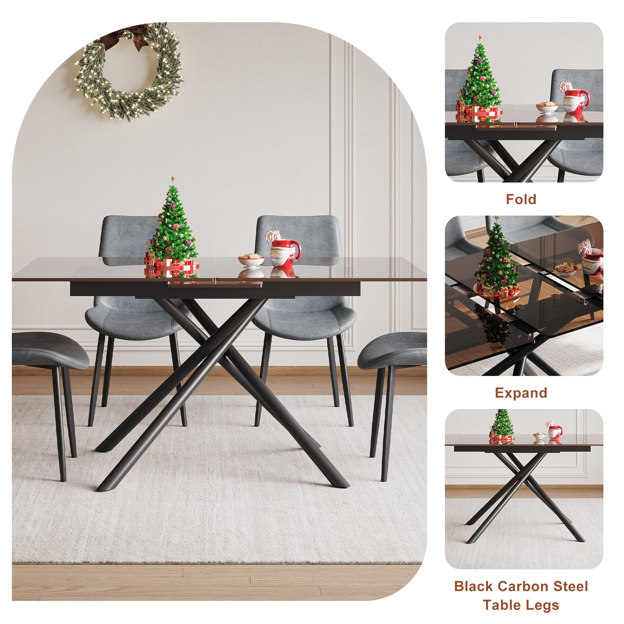 Montary 59-inch Expandable Dining Table Set with 8 Gray Ergonomic Chairs, Black Sandblasted Glass Top & X-Base, 4-8 Seater Modern Dining Set for Small Spaces, Kitchen and Apartment