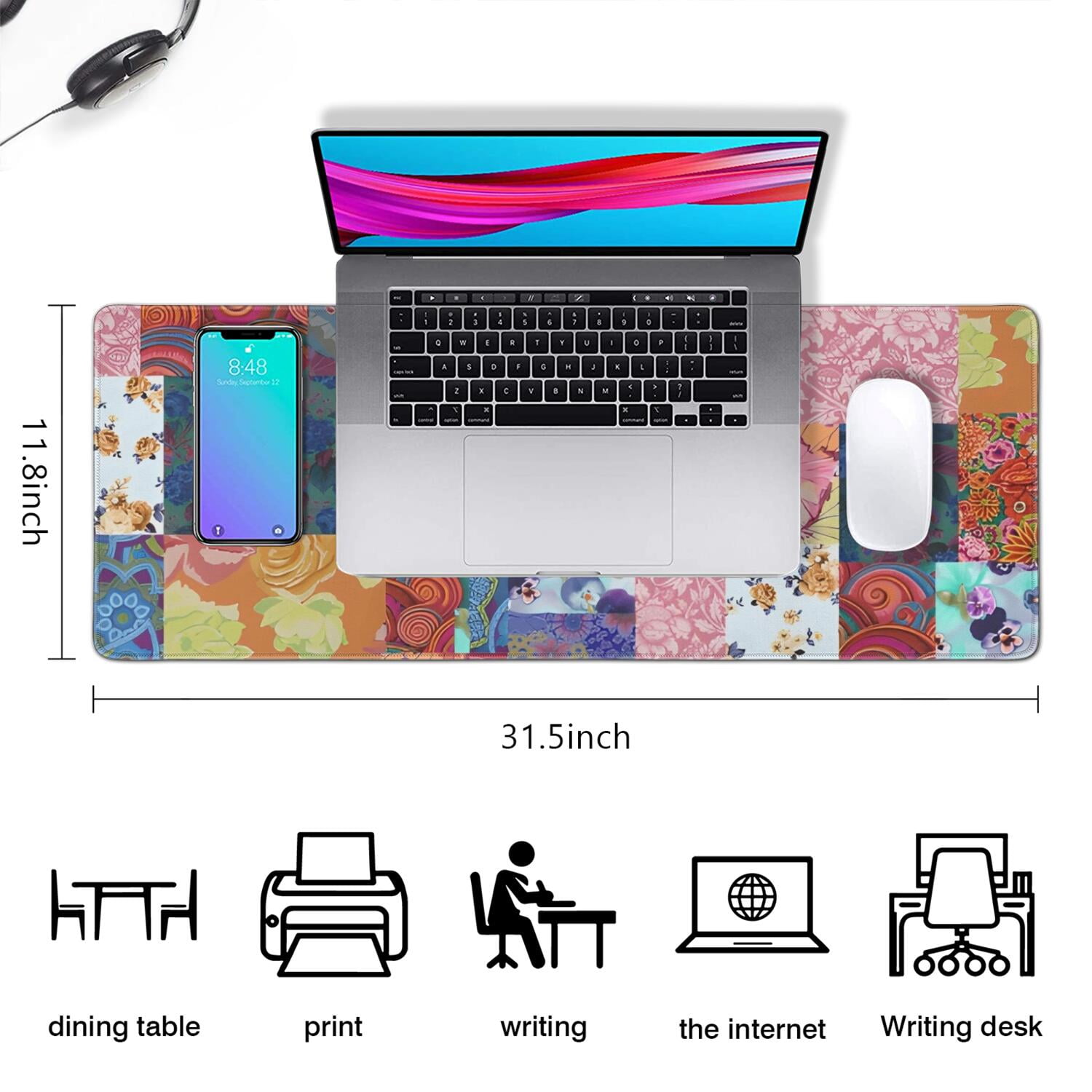 Long Mouse Pads for Desk,Colorful Pioneer Flower Patchwork Desk Mats on Top Of Desks, Desk Mouse Pad Extra Large with 3mm Non-Slip Base and Stitched Edge for Gaming,Office,Work,Home 31.5"x11.8"
