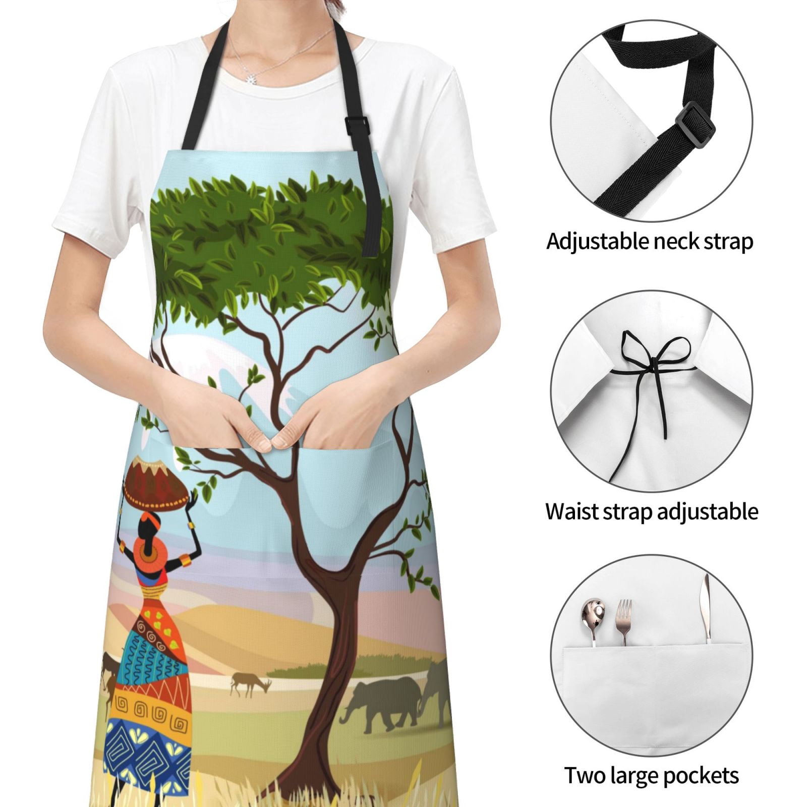 Kdxio African Women in Mountain Landscape Apron with Pockets Adjustable Kitchen Aprons for Men Women Waterproof Aprons for Cooking,Drawing,Crafting, Baking Household Cleaning