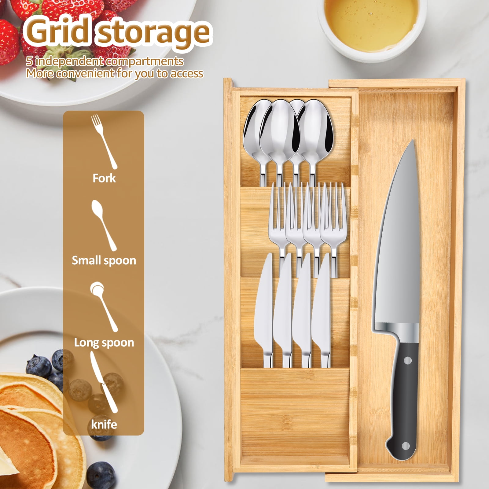 Kitchen Drawer Organizer Expandable Cutlery Tray Silverware Organizer Bamboo Utensil Tray Holder with 5 Compartment Flatware Sorting Tray for Tableware Fork Chopstick