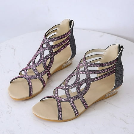 

HIBRO Fashion Spring And Summer Women Sandals Rhinestone Hollow Fish Mouth Small Wedge Zipper Roman Style