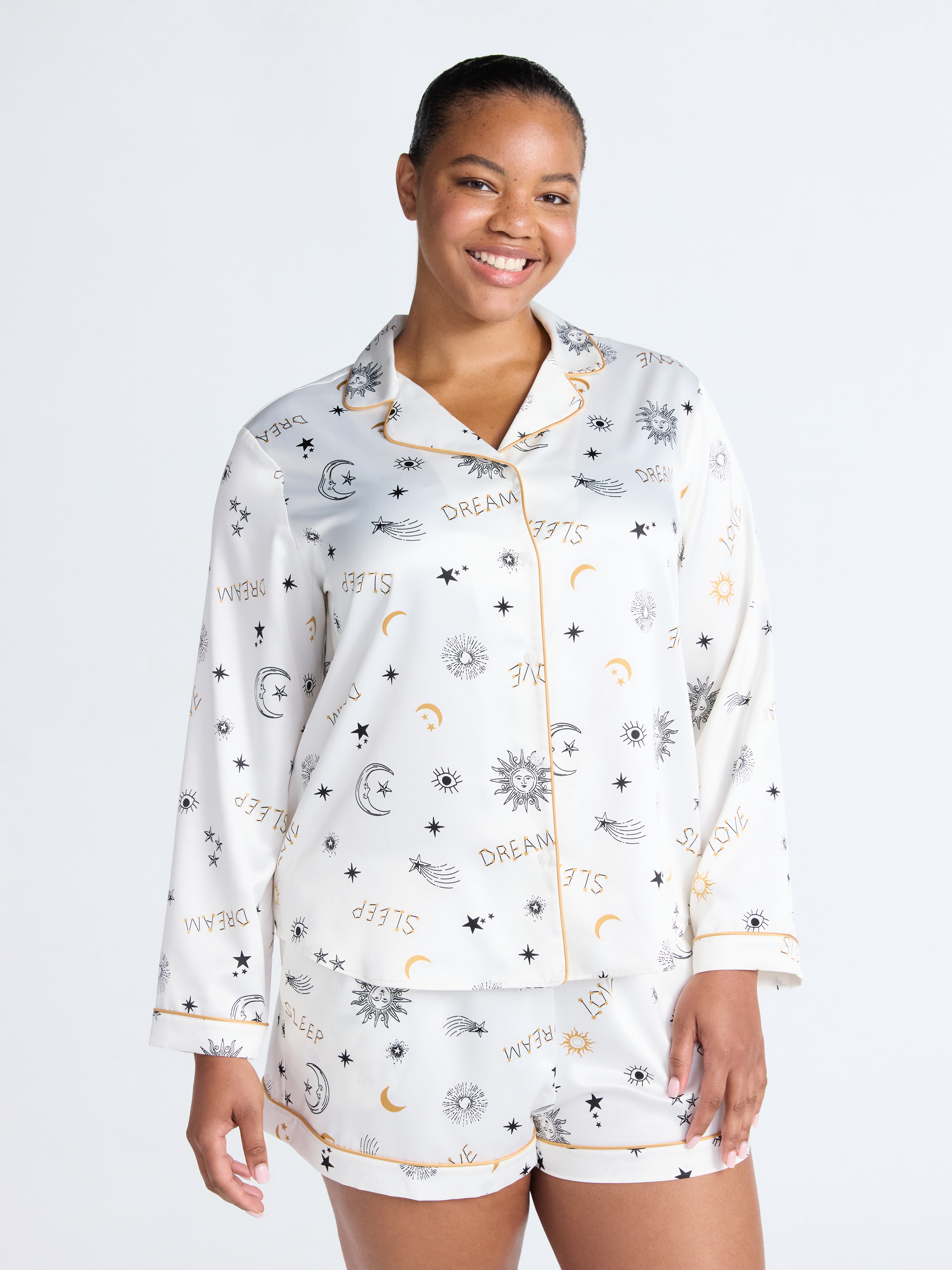 Joyspun Women’s Stretch Satin Notch Long Sleeve Top and Shorts Pajama Set, 2-Piece, Sizes XS-3X
