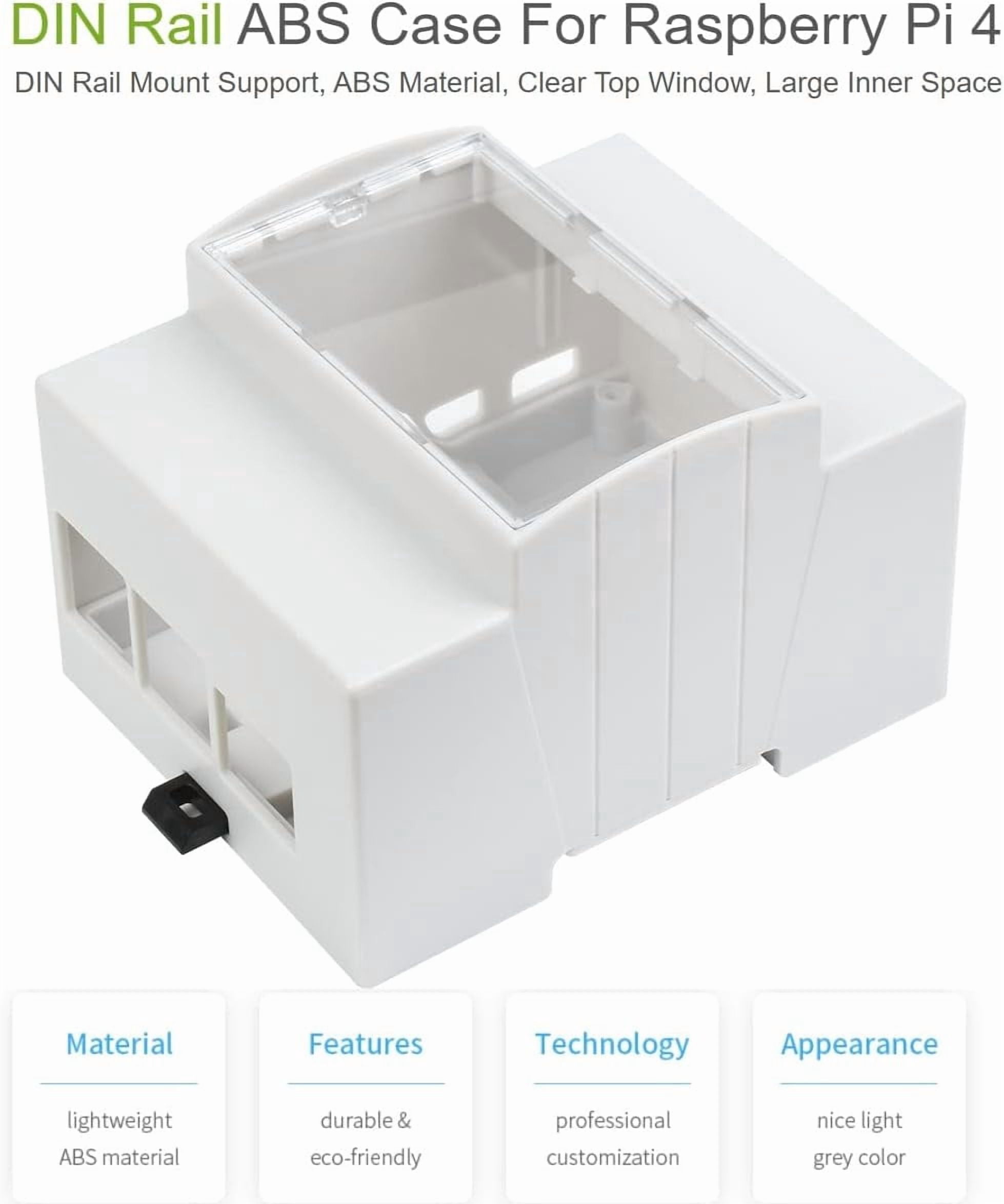 4 Case, DIN Rail ABS Case, Clear Top Window, Large Inner Space, Compatible with Various HATs