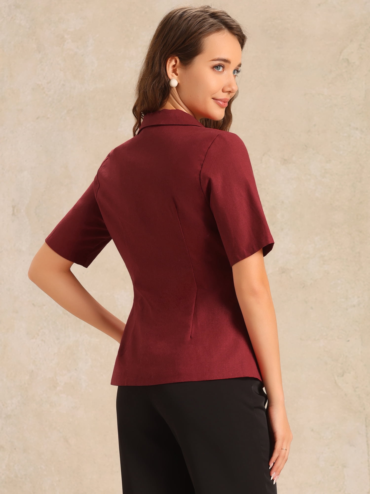 DARING DIVA Women's Cotton Linen Short Sleeve Blazer for Work Office S Dark Red