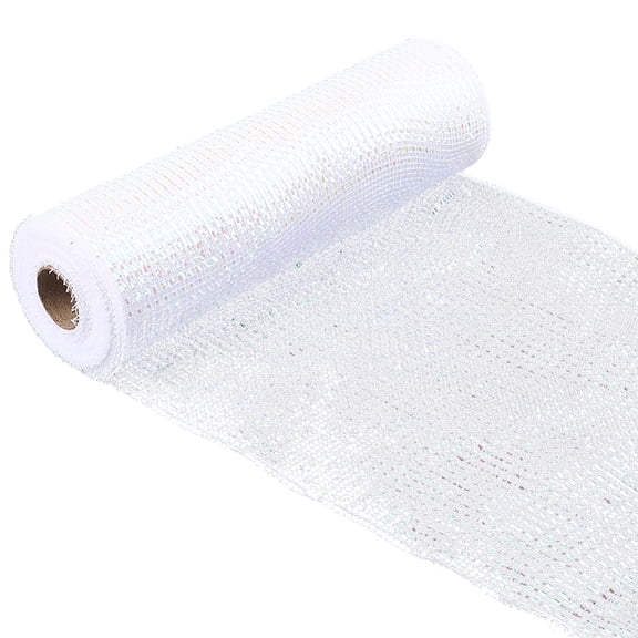 26 Yards 10.23 Inch White Mesh Ribbon Roll with Silver Foil Metallic Iridescent Decorative Wide Netting Fabric Ribbons for Wedding Wreath Bouquet Decoration Gift Wrapping DIY Craft Supply DIY