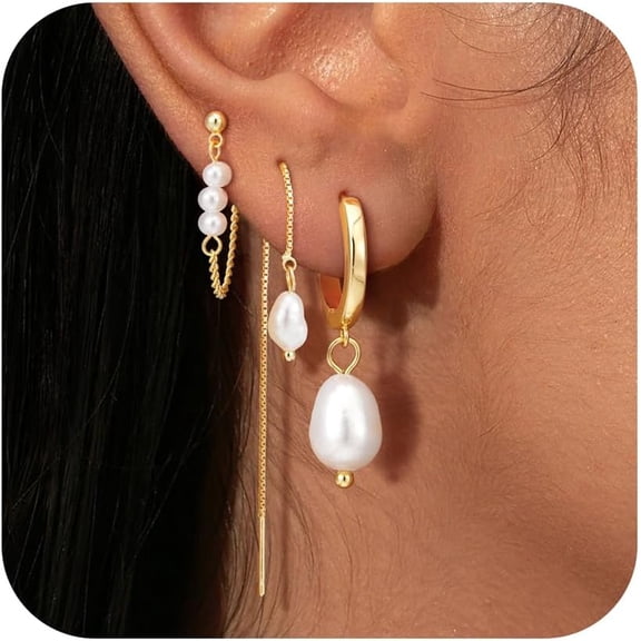 Faty-T Imitation Pearl Earrings Set for Women, Dangle Hoop Earrings, Mismatched Threader & Stud Earrings, 14K Gold Plated Jewelry for Multiple Piercings