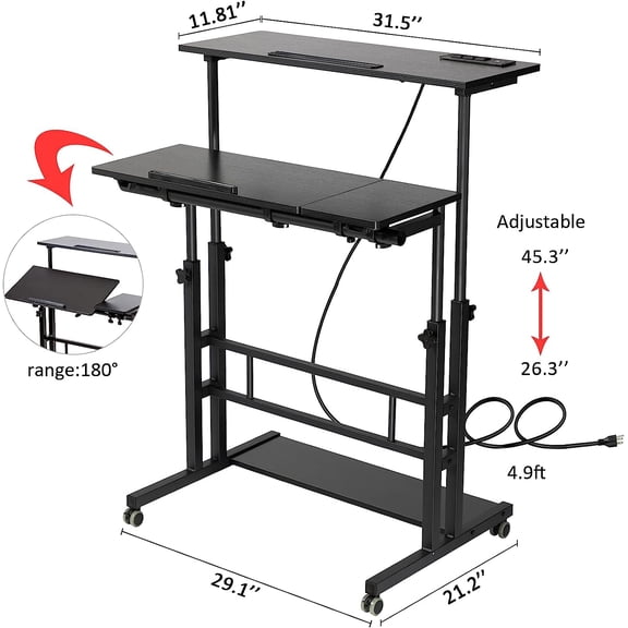 Stand Up Desk Rolling Adjustable Height with Wheels Charging Station Portable Laptop Cart for Home Office Treadmill