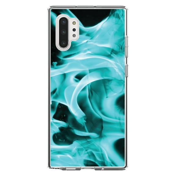 DistinctInk Clear Shockproof Hybrid Case for Galaxy Note 10 PLUS (6.8" Screen) - TPU Bumper, Acrylic Back, Tempered Glass Screen Protector - Teal Black Flame Fire - Printed Image of Fire