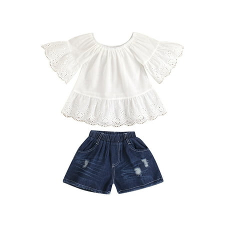 

Yinyinxull Kids Baby Girls Jeans Outfits Solid Ruffle Sleeve T-shirt Denim Shorts Sets White 3-4 Years