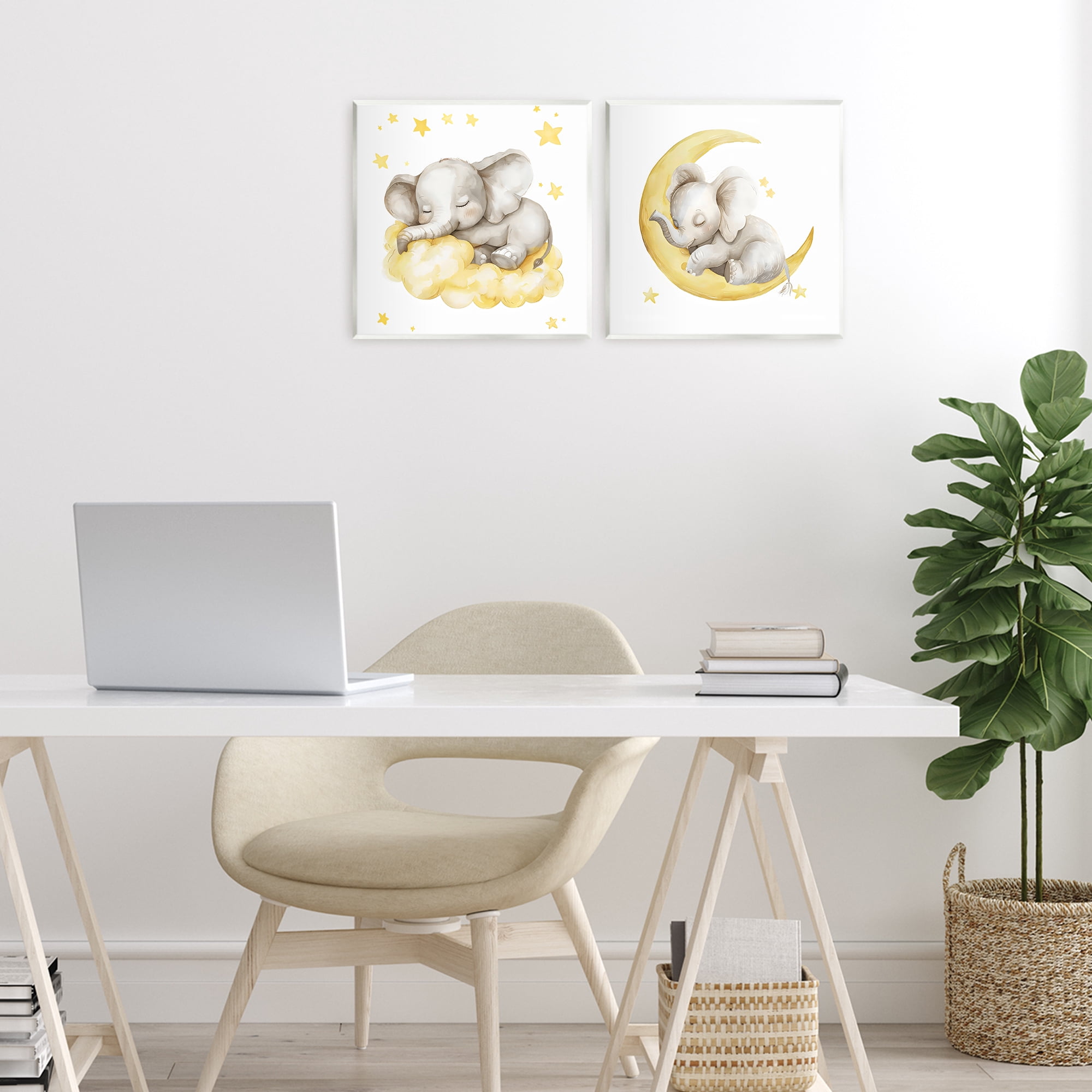 Stupell Industries Sleeping Elephant Moon and Clouds 2 Piece Wall Plaque Art Set, design by LSR Design Studio