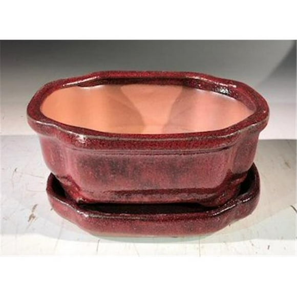Pot à Bonsaï en Céramique 6 x 4.5 x 2.5 Po avec Plateau d'Humidité, Rouge Parisien - Rectangle