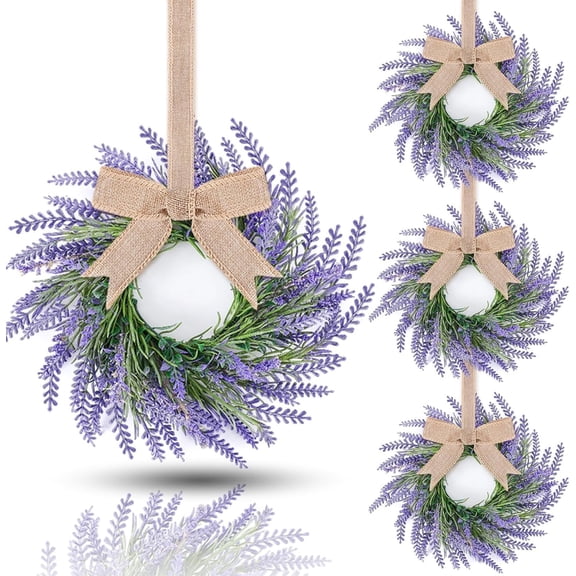 JEWLALO 4 PCS Spring Wreath for Front Door Lavender Candle Ring Wreaths Mini Purple Table Centerpieces 9 Inch Floral Wreaths for Pillars Cabinets Farmhouse Spring Summer Wedding Party Home Decor