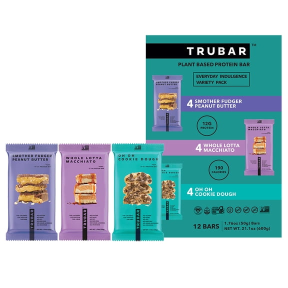 TRUBAR Variety Pack Cookie dough, peanut butter, macchiato, Plant Based Protein, Vegan, Gluten Free, Ko Plant Based Protein, Vegan, Gluten Free, Kosher, 12 pack