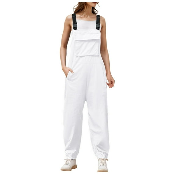 Women's Sleeveless Overalls Jumpsuit Casual Loose Adjustable Straps Bib Long Pant Jumpsuits With Pockets