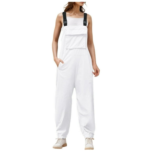 2DXuixsh Womens Rompers for Summer Women's Sleeveless Overalls Jumpsuit Casual Loose Adjustable Straps Bib Long Pant Jumpsuits with Pockets White Size Xxl