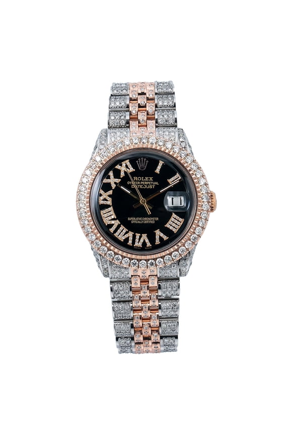 Pre-Owned Rolex Datejust 36MM 116201 Black Roman Diamond Dial Diamond Bezel Two Tone Rose Gold Full Diamond Jubilee Bracelet
