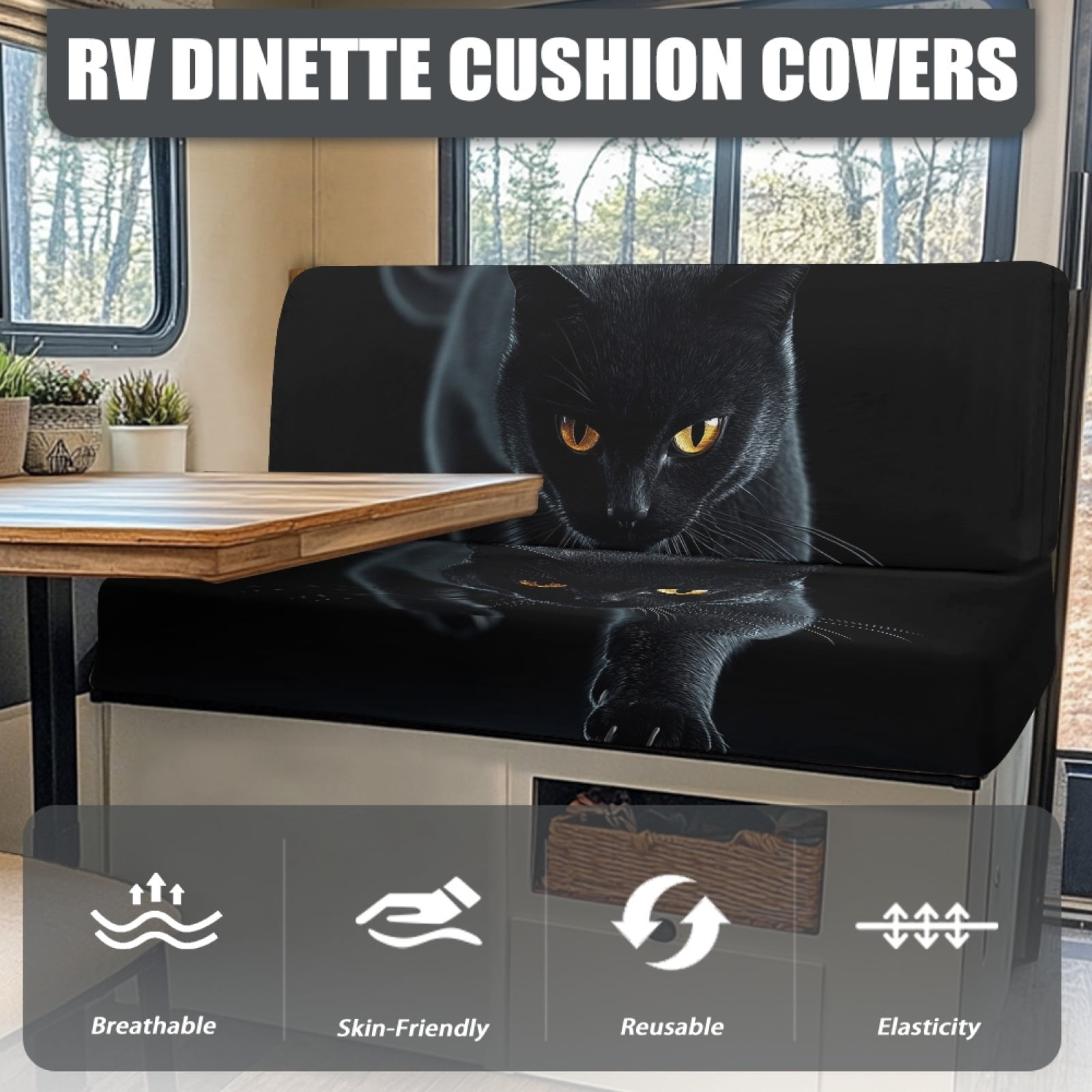 FORUDESIGNS Black Cat Pattern 2 pcs RV Dinette Cushion Covers Elastic Camper Seat Covers Dinette Booth Comfortable Furniture Protector for RV Camper Car Bench