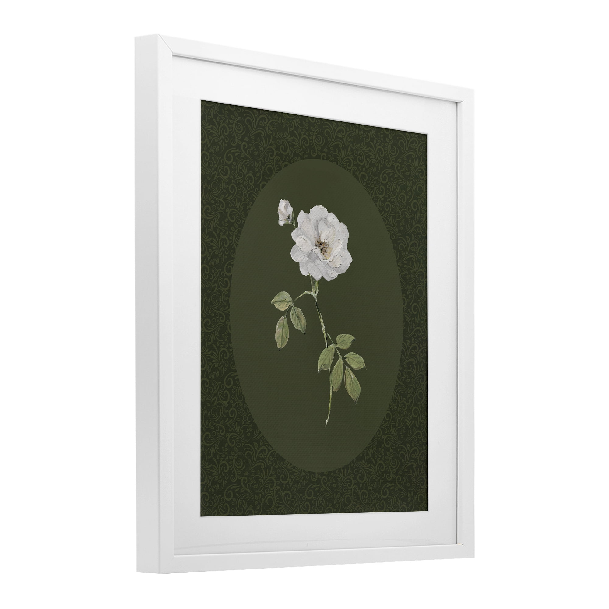 Stupell Industries White Rose on Emerald White Framed Print Under Glass, design by Sally Swatland