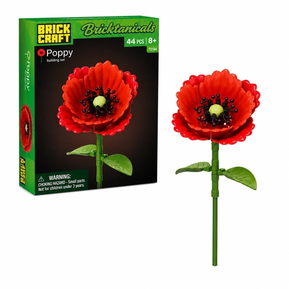 Brickcraft Bricktanicals Poppy Building Kit (44-Piece Set), Posable Stem, Ruffled Red Petals, Mix-and-Match Floral Display for Adults Ages 8